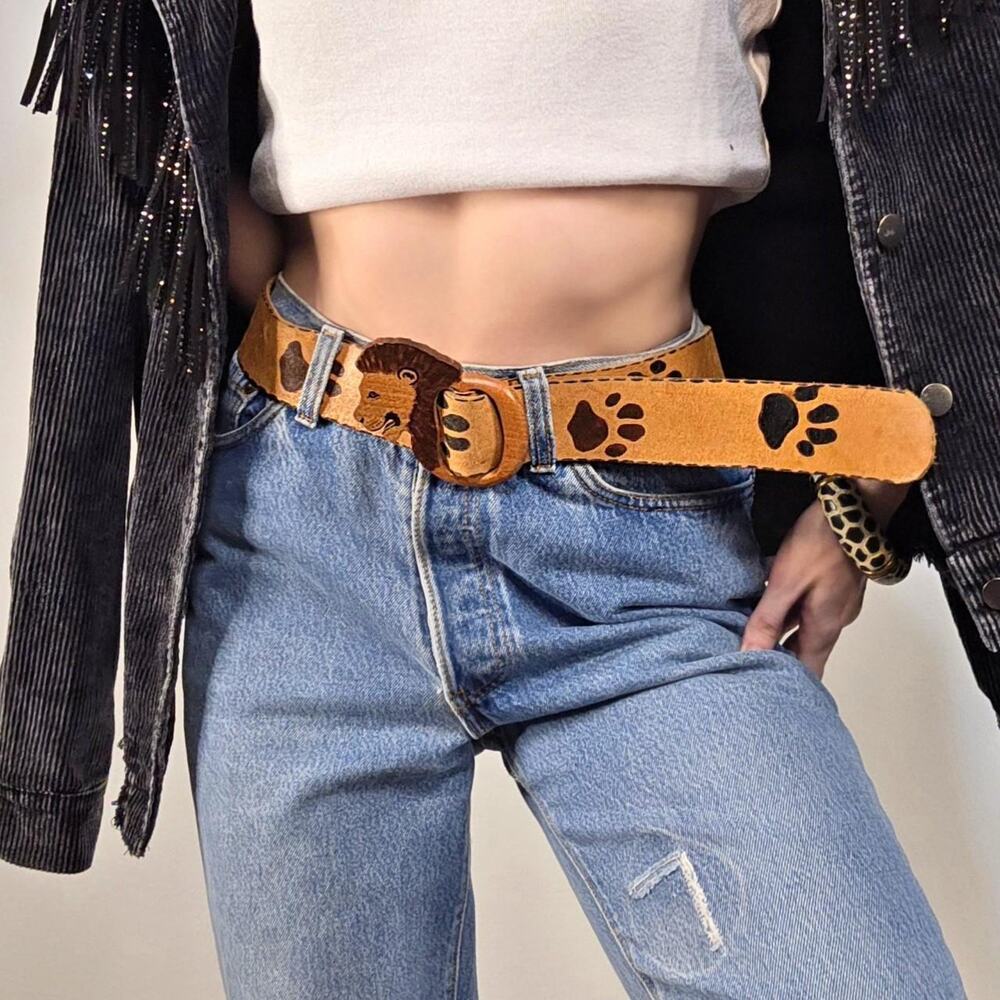 Vintage Leather Lion Buckle Belt Western Y2K Statement Festival